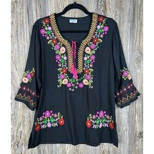 Durga Womens Blouse M Floral Embroidered Boho Peasant Artisan Cotton 3/4 Sleeve